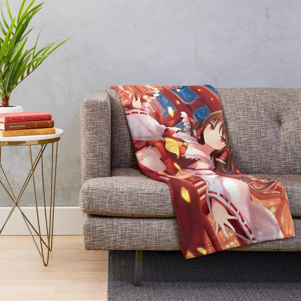 Cozy anime-inspired plush blanket featuring Hakurei Reimu from Touhou Project