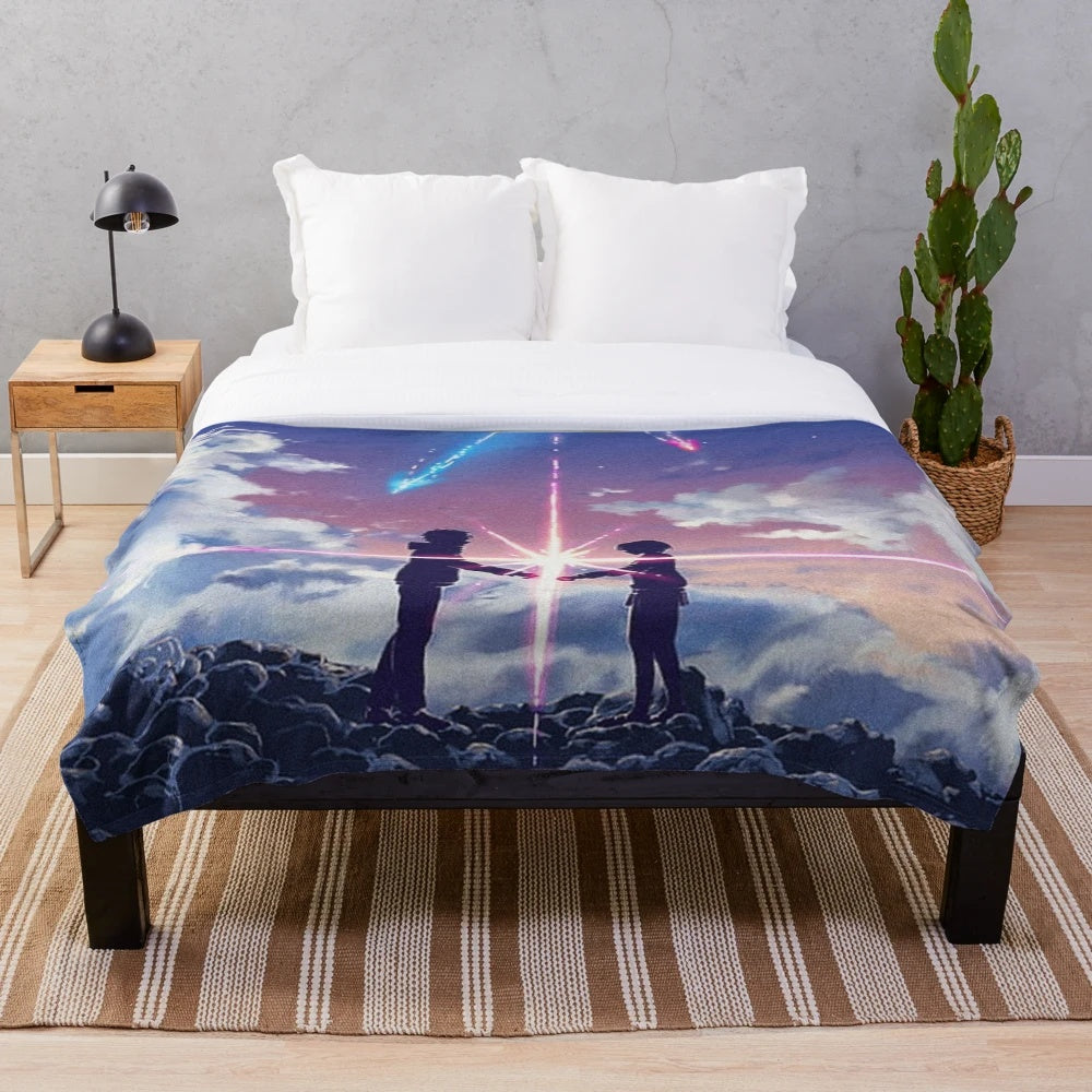 Kimi no na wa inspired anime plush blanket with Taki and Mitsuha characters