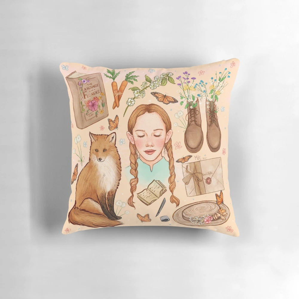 Pillow featuring Anne Shirley of Green Gables and nature motifs