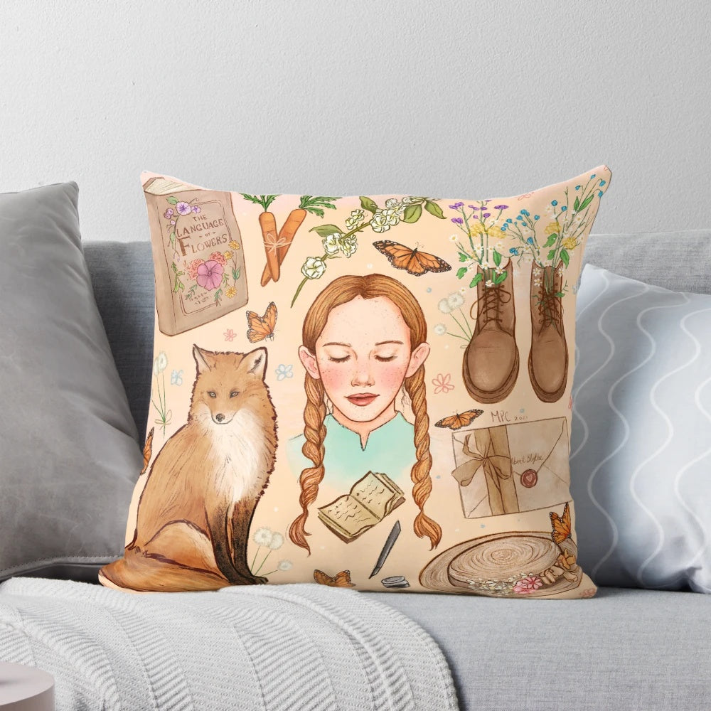 Pillow featuring Anne Shirley of Green Gables and nature motifs