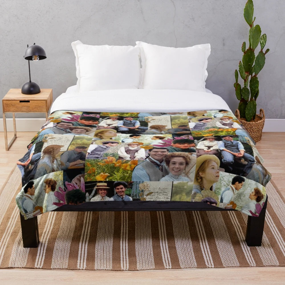 Anne of Green Gables inspired plush blanket featuring a collage of characters and scenes from the beloved classic novel