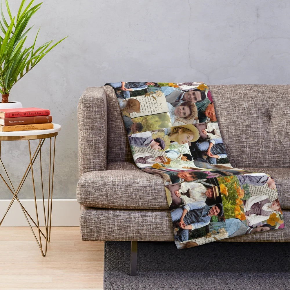 Anne of Green Gables inspired plush blanket featuring a collage of characters and scenes from the beloved classic novel