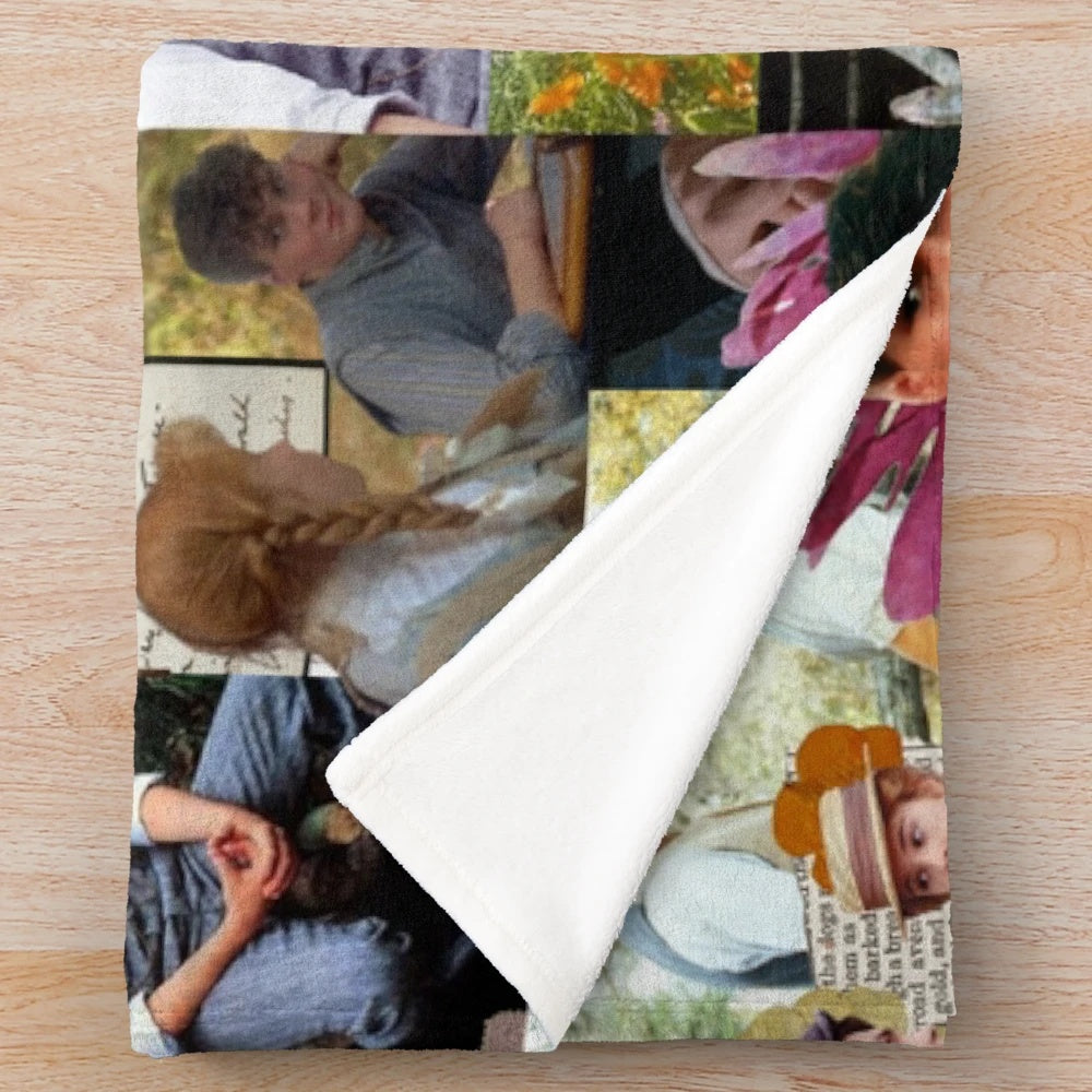 Anne of Green Gables inspired plush blanket featuring a collage of characters and scenes from the beloved classic novel