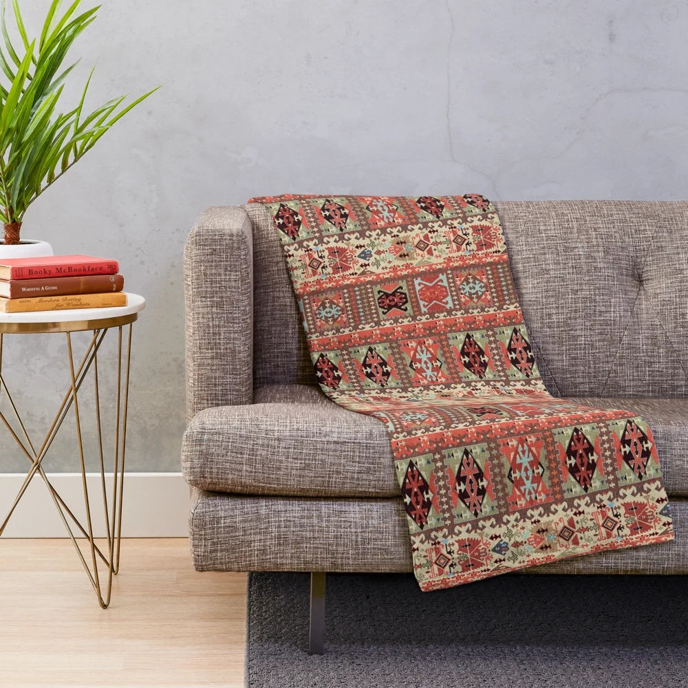 Soft and textured plush blanket with a Turkish kilim-inspired design