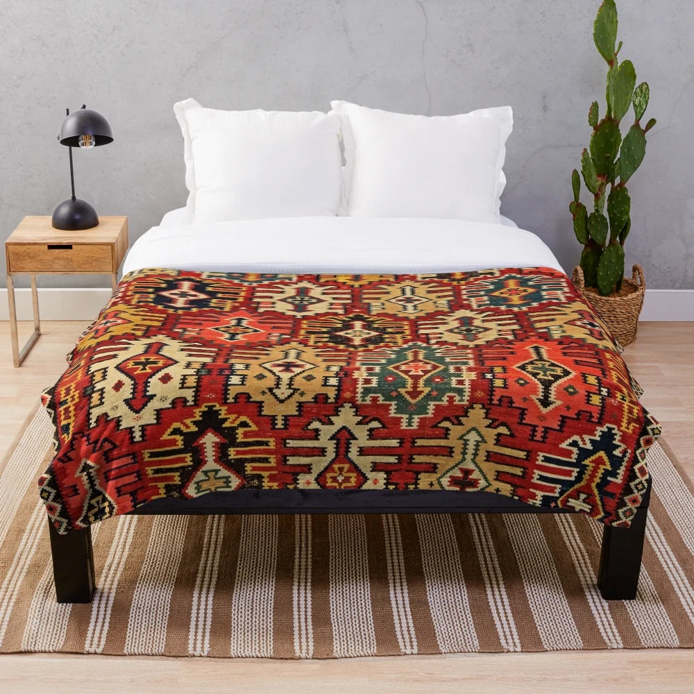 Antique Turkish kilim tribal rug print plush blanket