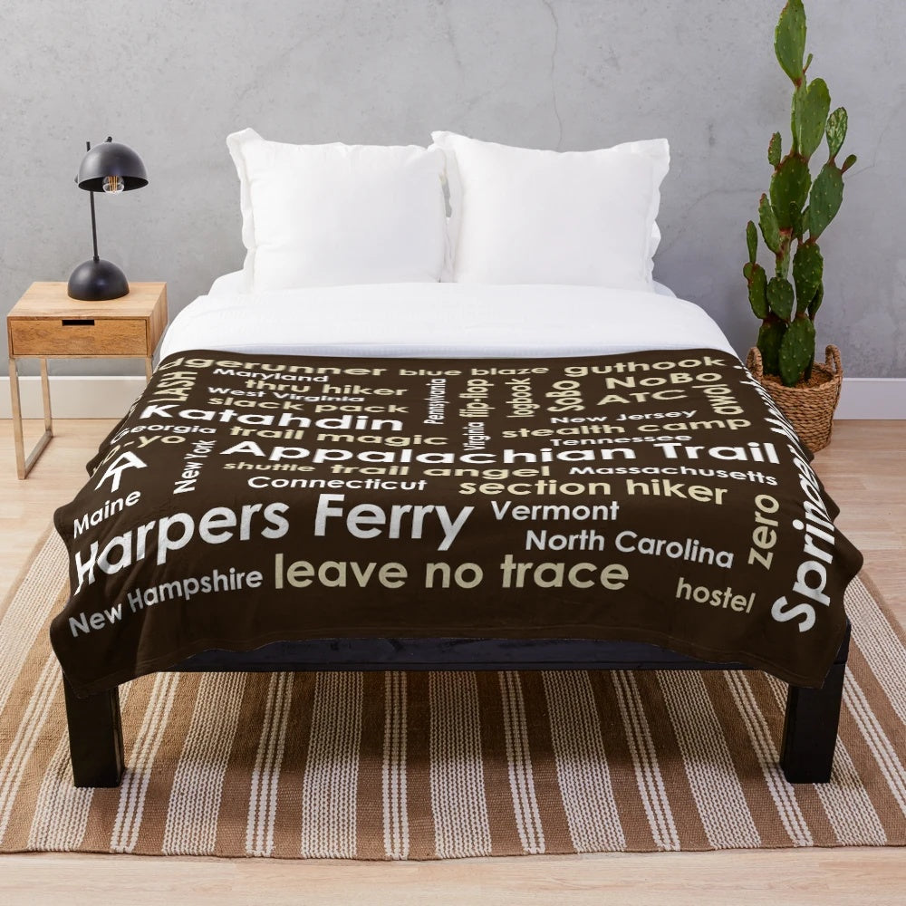 Appalachian Trail-themed plush blanket with word cloud design