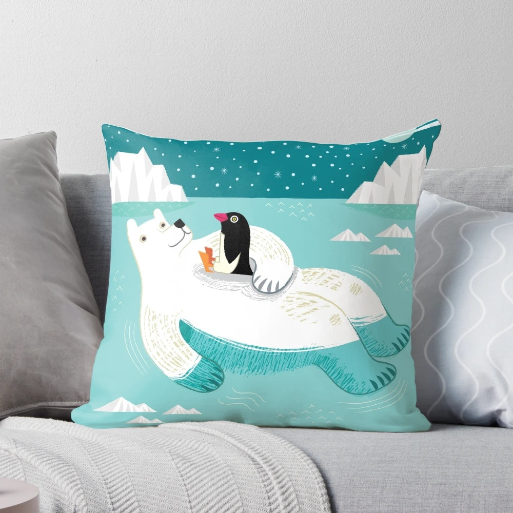 Soft, plush polar bear and penguin cuddle pillow for children