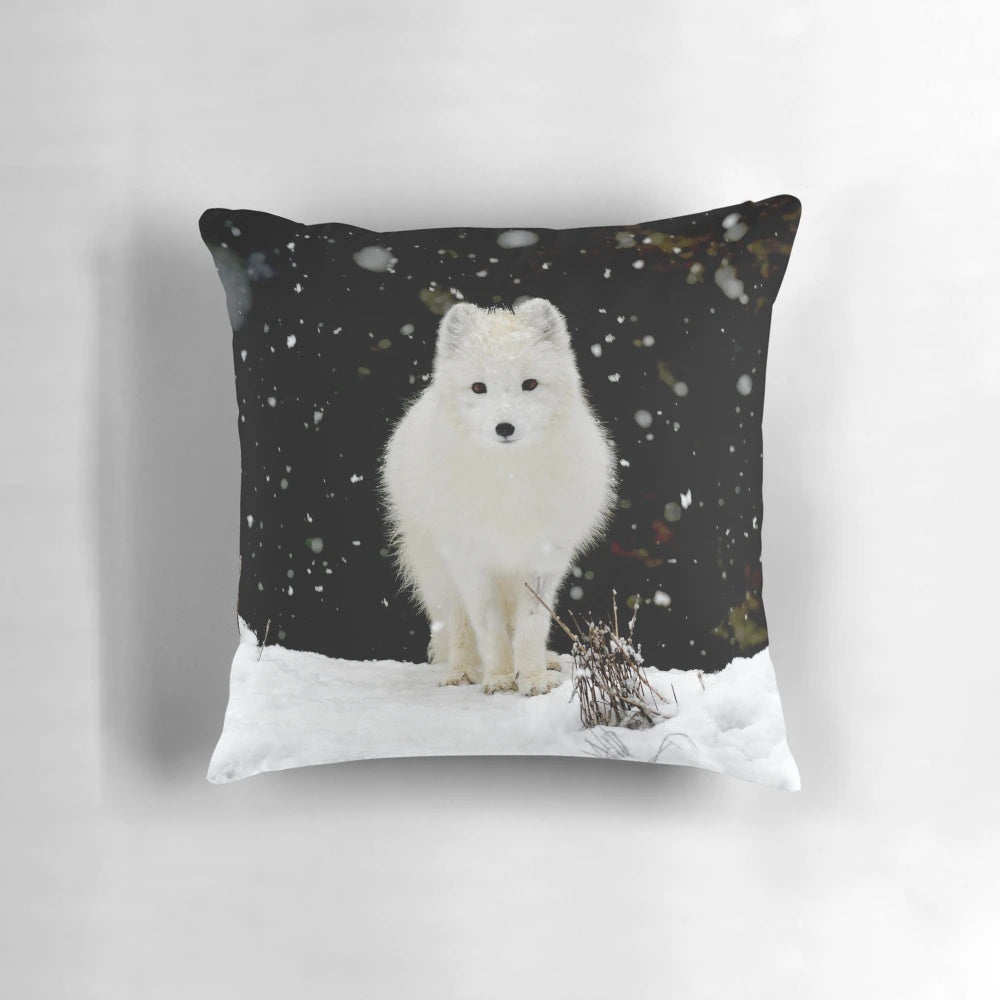 Soft, plush arctic fox pillow with snowy white and gray fur