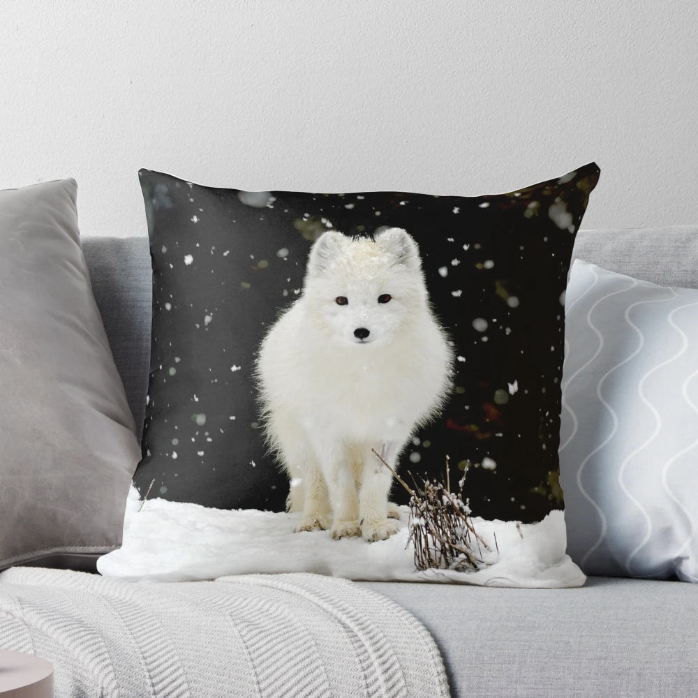 Soft, plush arctic fox pillow with snowy white and gray fur