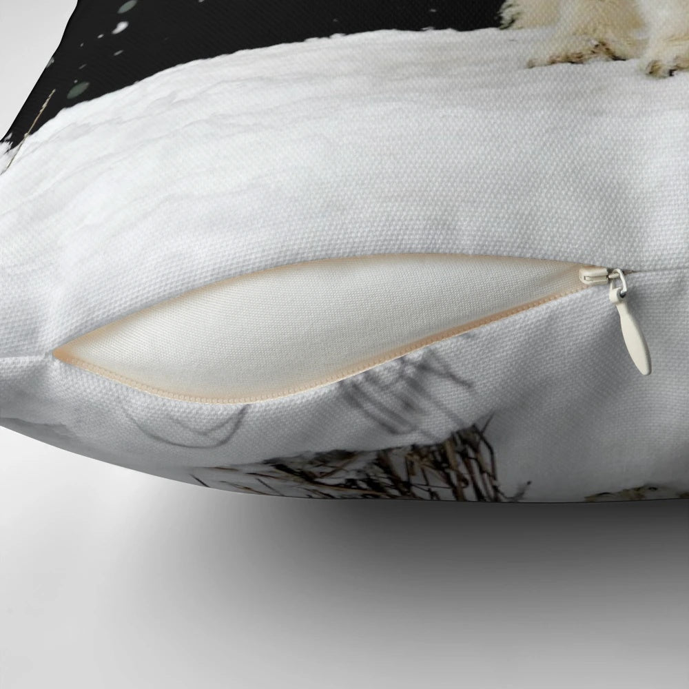 Soft, plush arctic fox pillow with snowy white and gray fur
