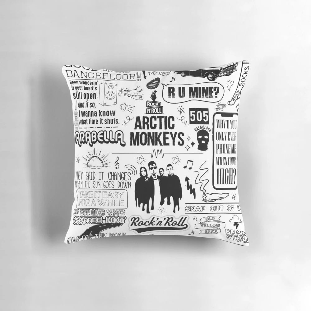 A soft, comfortable pillow featuring the face of the popular indie rock band Arctic Monkey.