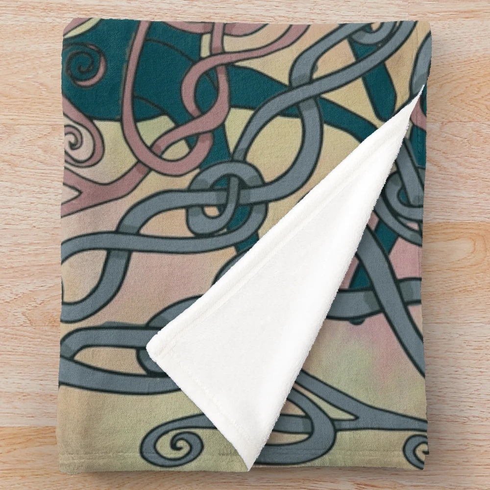 Soft, plush blanket featuring an art nouveau inspired greyhound pattern in pink and cream