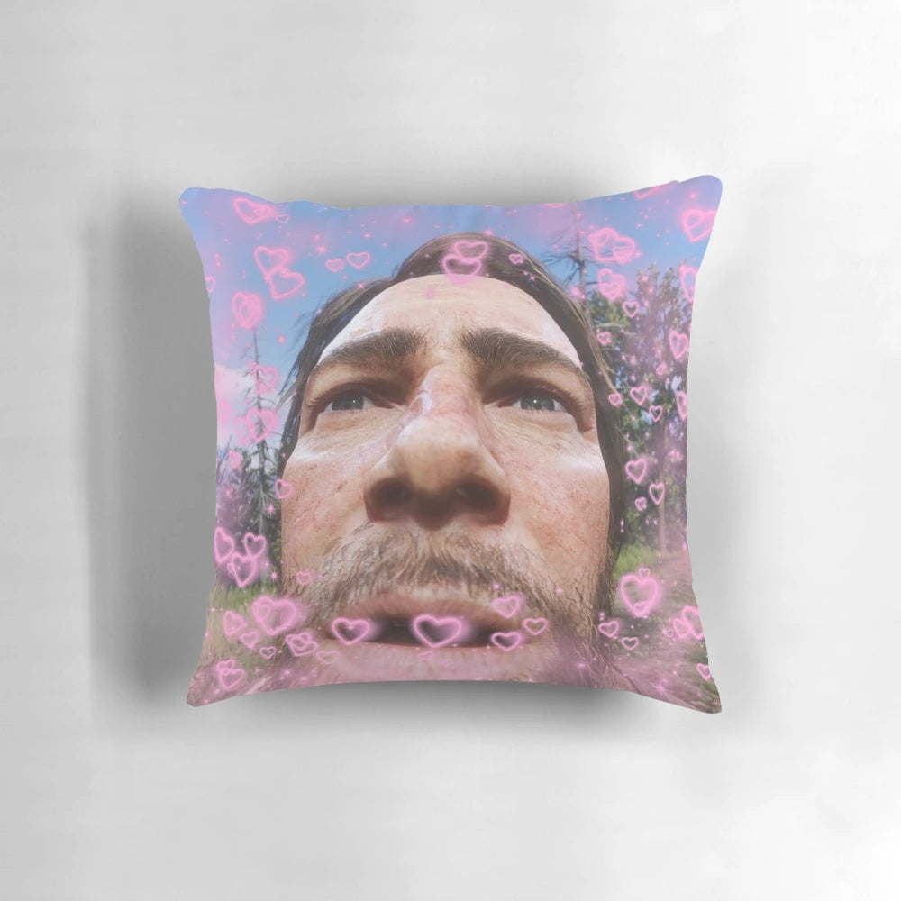 Plush pillow featuring the character Arthur Morgan from the video game Red Dead Redemption 2.
