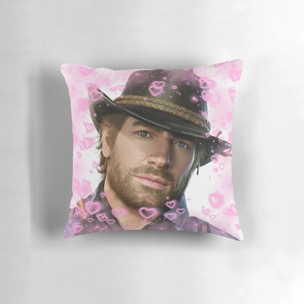 Soft, plush pillow featuring a heart design inspired by the character Arthur Morgan from the Red Dead Redemption video game series.
