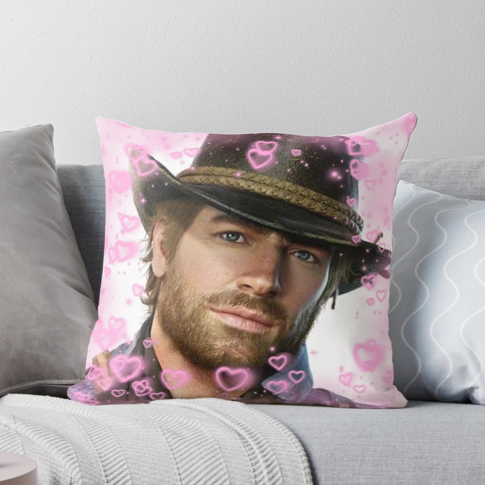 Soft, plush pillow featuring a heart design inspired by the character Arthur Morgan from the Red Dead Redemption video game series.
