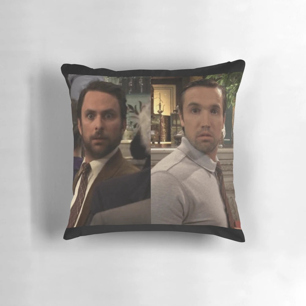 Always Sunny in Philadelphia-inspired pillow with Chalie, Mac, and Donald characters