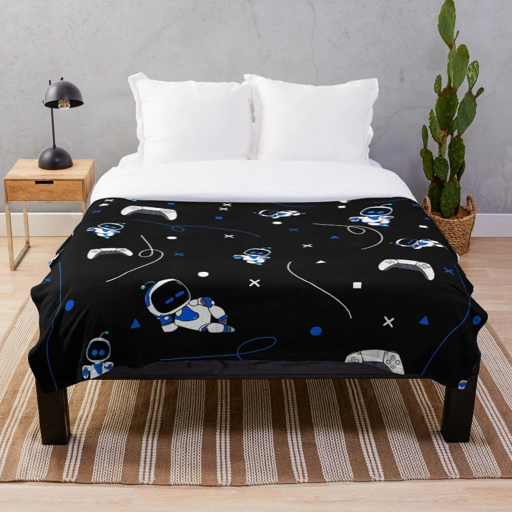 Soft and cuddly plush blanket featuring an Astrobot-inspired pattern, perfect for PlayStation 5 fans.