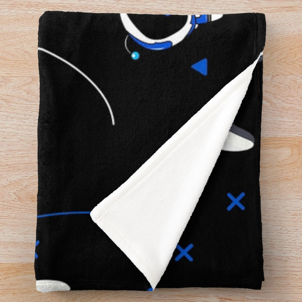Soft and cuddly plush blanket featuring an Astrobot-inspired pattern, perfect for PlayStation 5 fans.