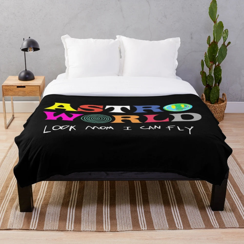 Astroworld-inspired plush blanket with "Look Mum I Can Fly" design