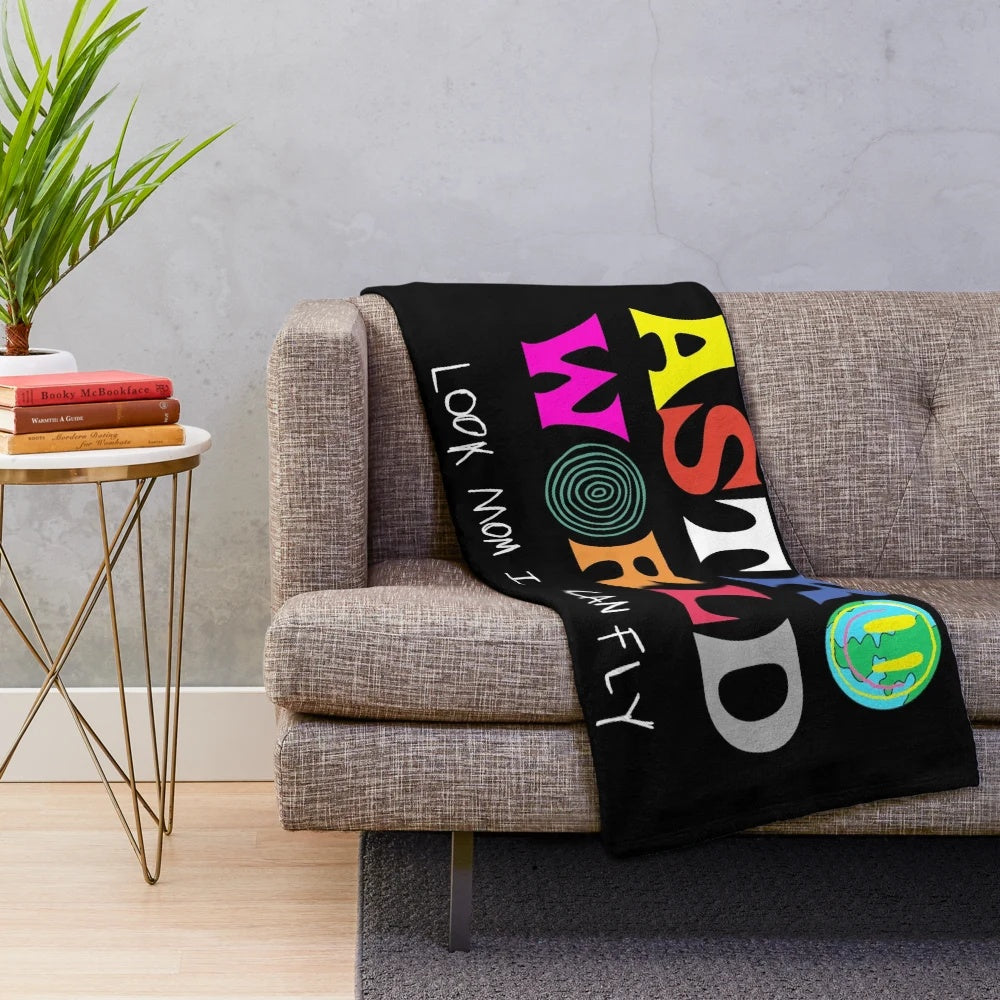 Astroworld-inspired plush blanket with "Look Mum I Can Fly" design