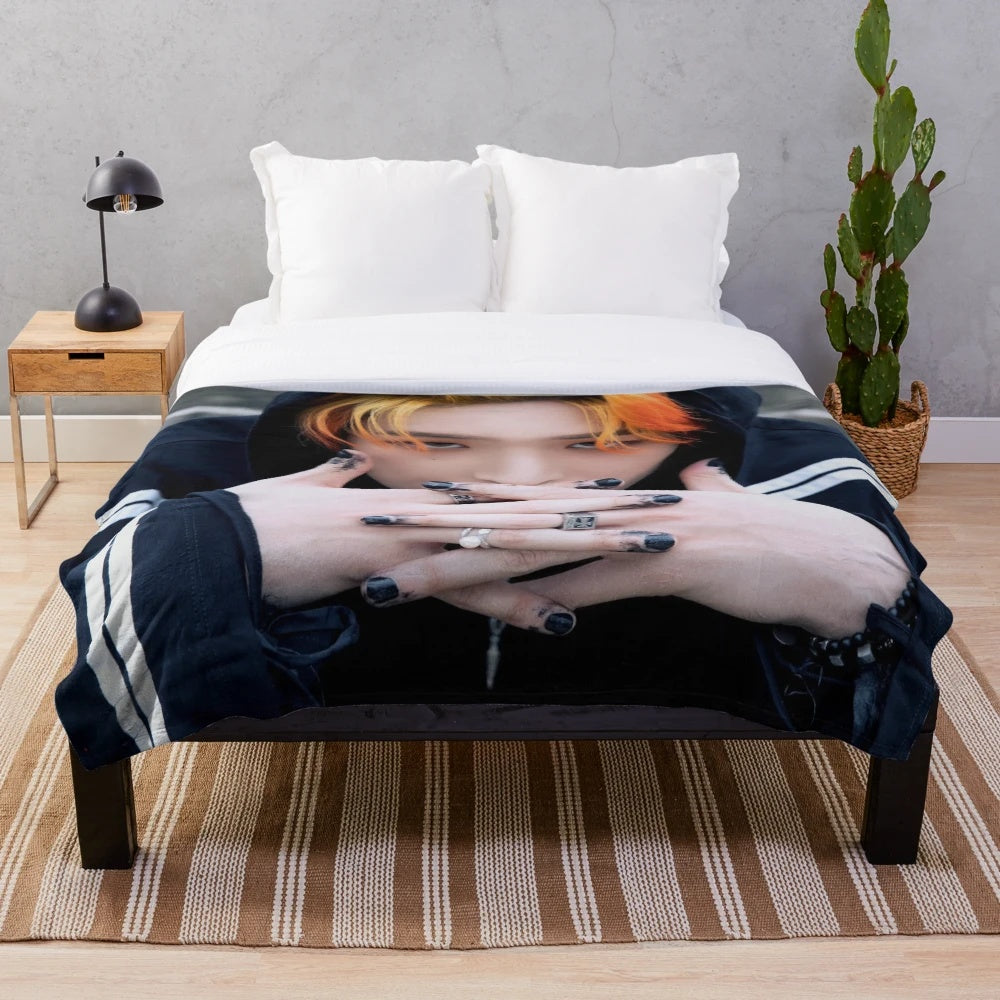 ATEEZ-inspired plush blanket featuring members Mingi and Halazia