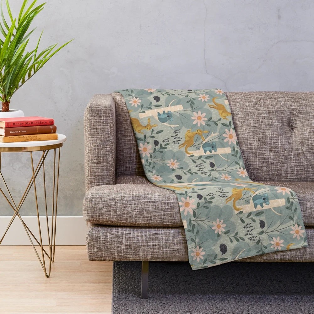 Aussie Animals Plush Blanket featuring kangaroo, koala, and echidna