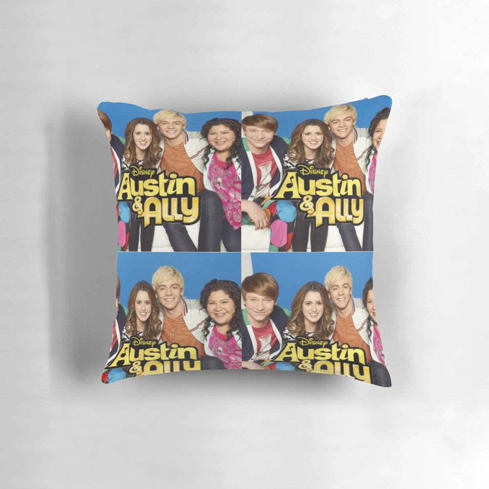 A plush, high-quality pillow featuring characters from the Disney Channel series Austin & Ally.