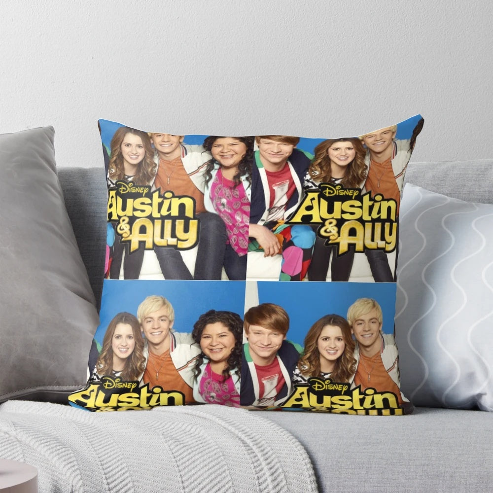 A plush, high-quality pillow featuring characters from the Disney Channel series Austin & Ally.