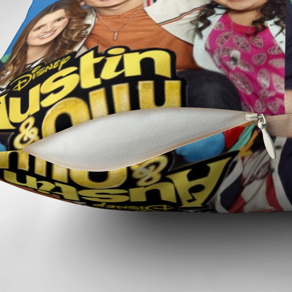 A plush, high-quality pillow featuring characters from the Disney Channel series Austin & Ally.