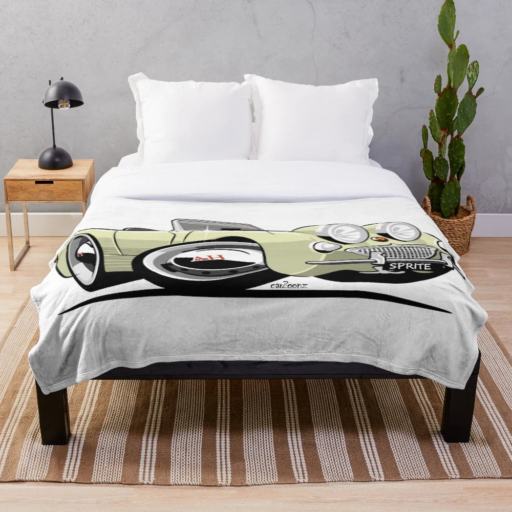 Soft white plush blanket with an illustration of the classic Austin Healey Sprite sports car