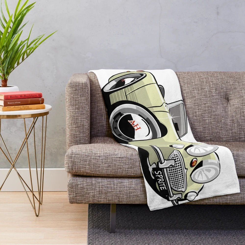 Soft white plush blanket with an illustration of the classic Austin Healey Sprite sports car