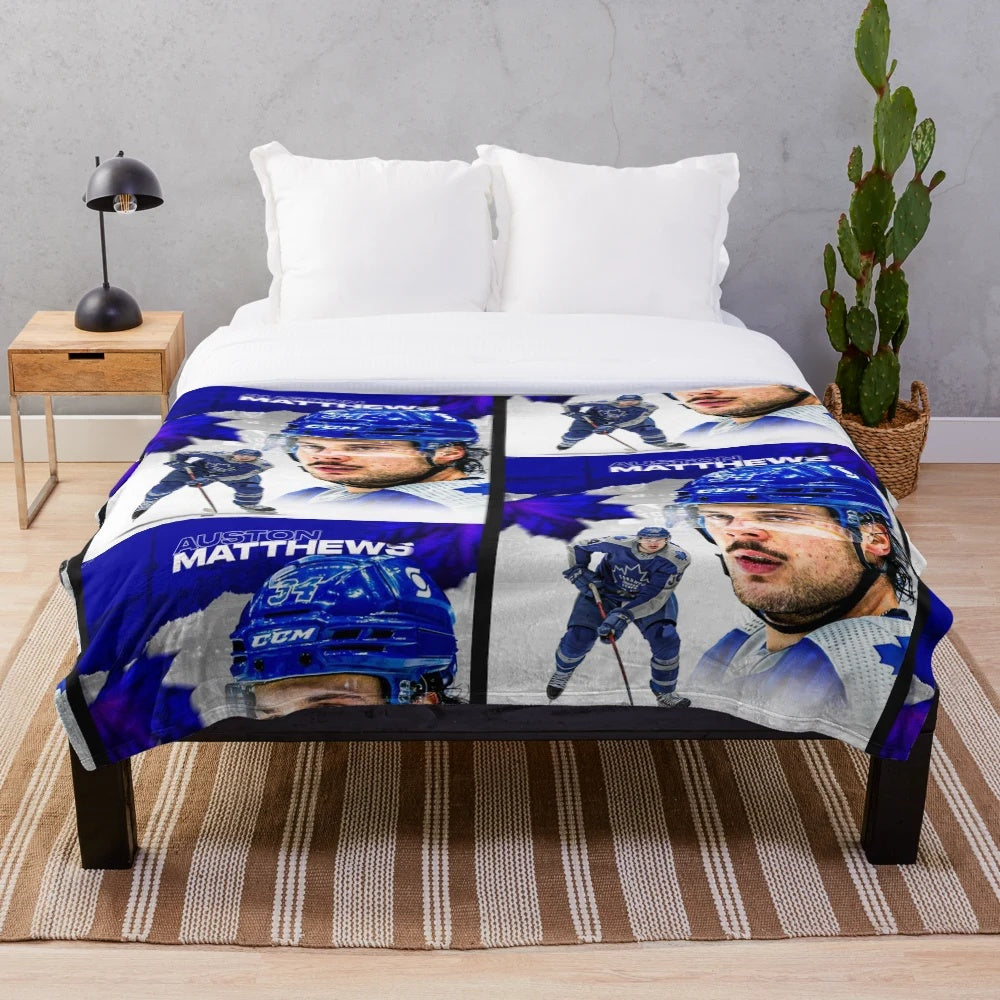 Auston Matthews plush blanket with Toronto Maple Leafs logo