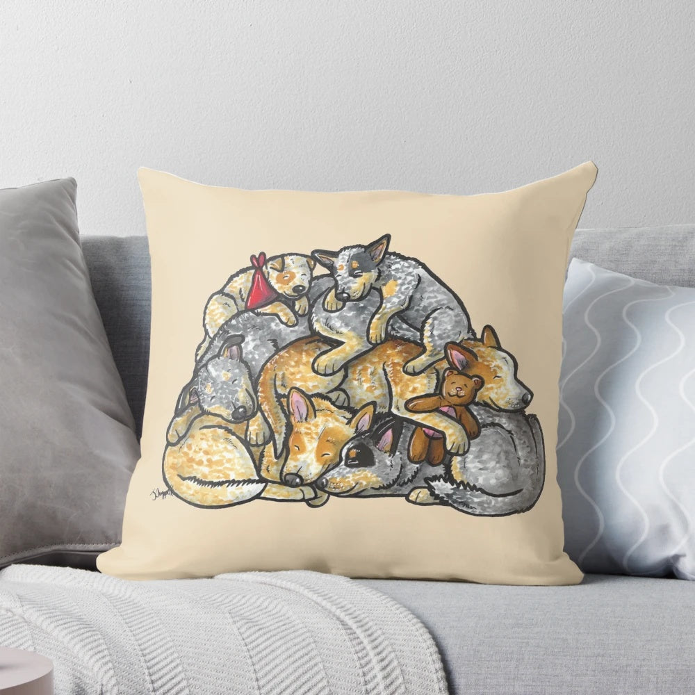 Soft, plush Pillow featuring a sleeping pile of Australian Cattle Dogs