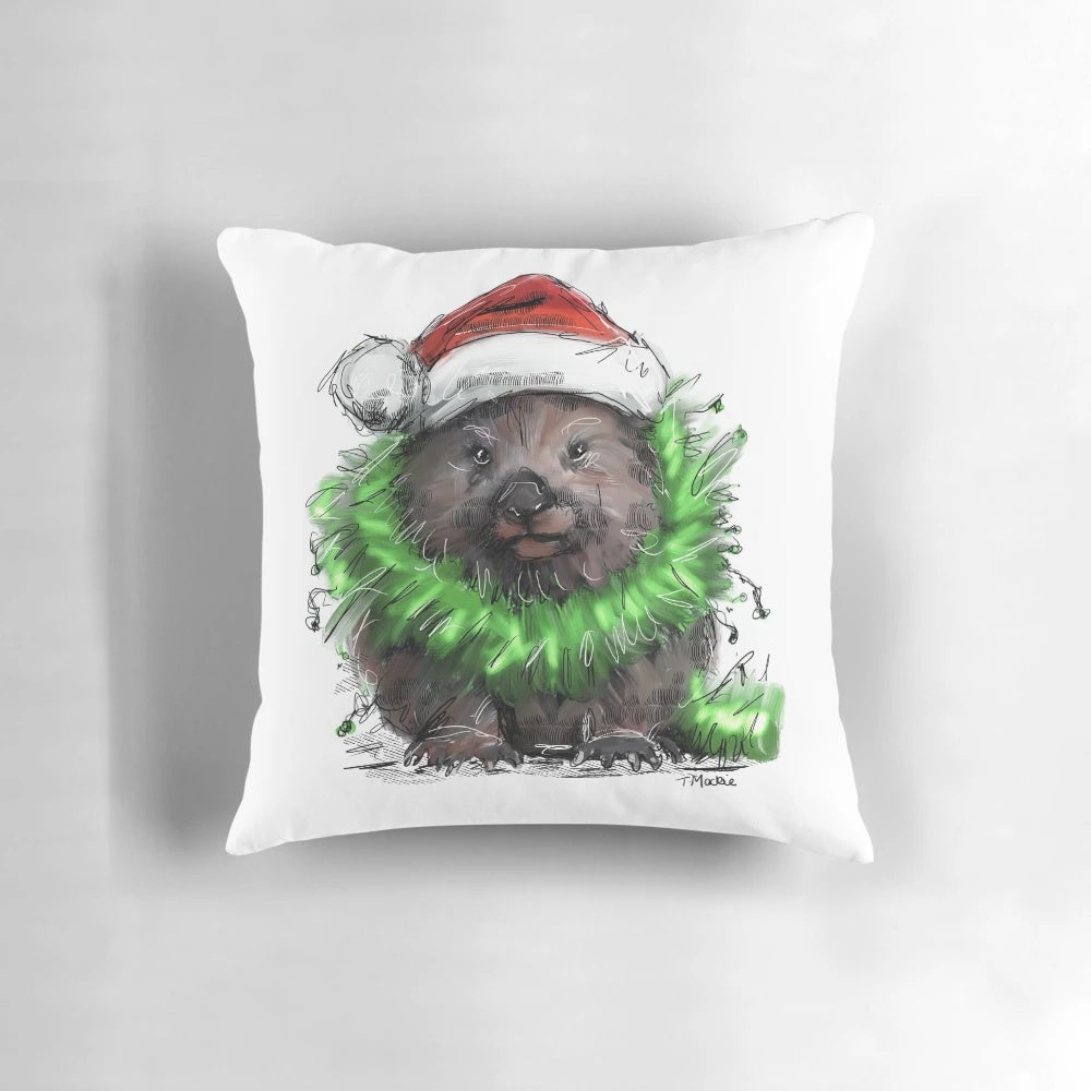 Soft, plush Christmas wombat pillow featuring original artwork by Australian artist Tracey Mackie