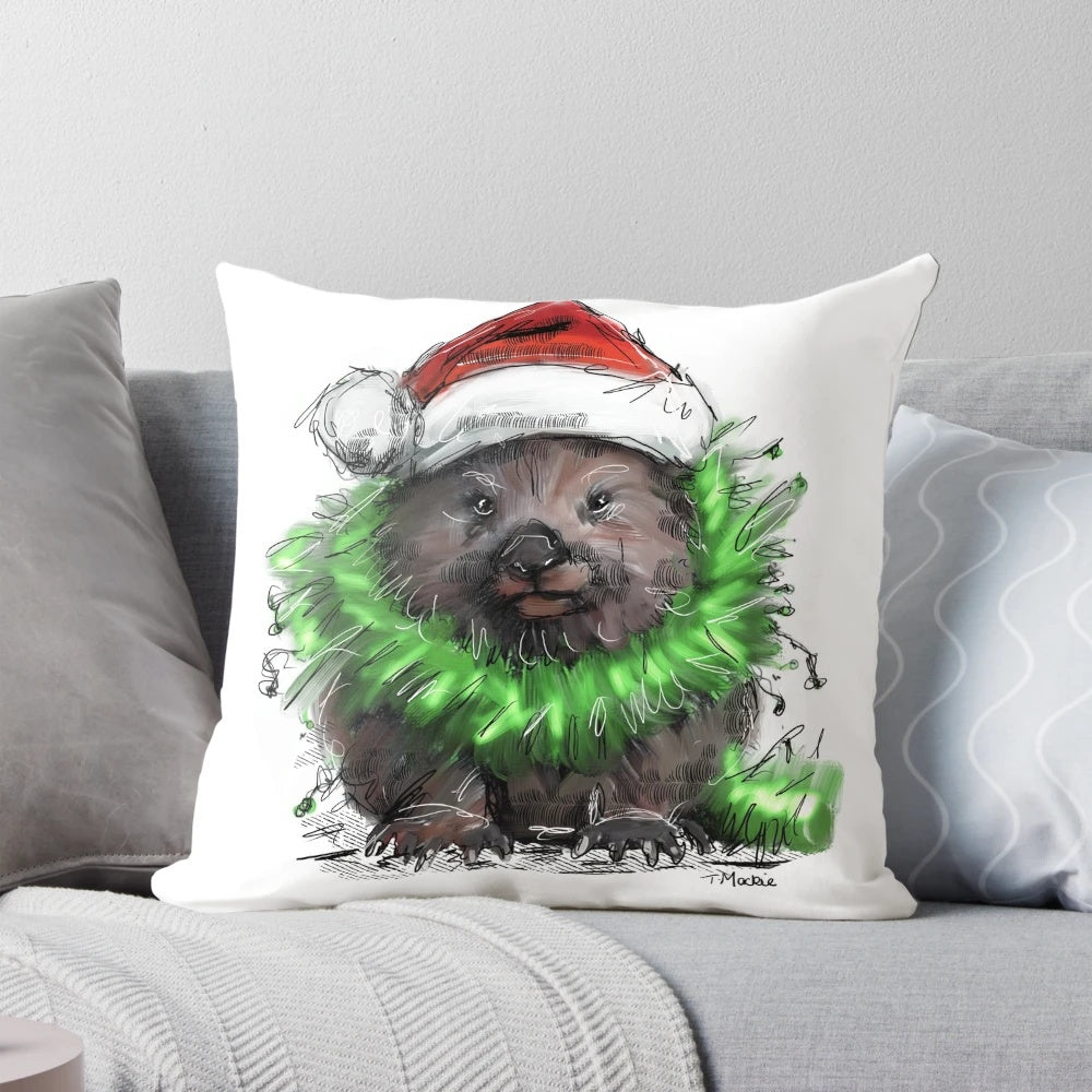 Soft, plush Christmas wombat pillow featuring original artwork by Australian artist Tracey Mackie