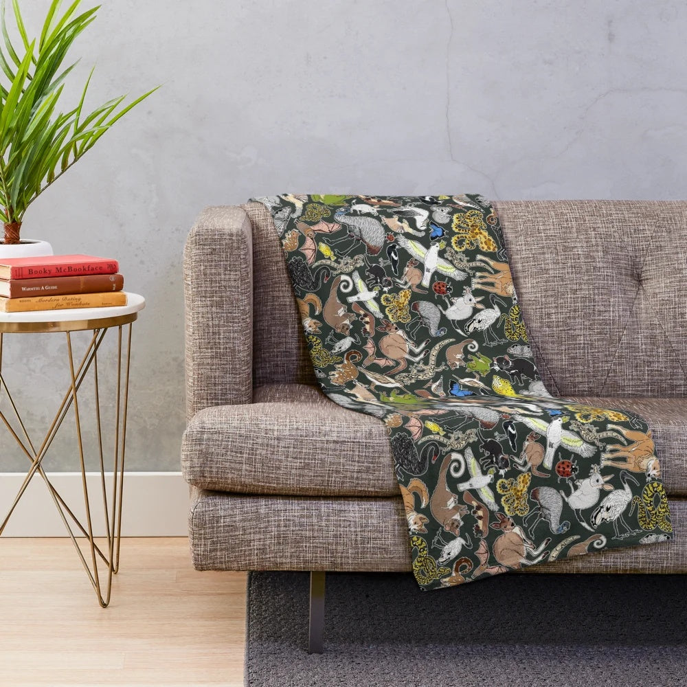 Bottle green plush blanket with australian animal print design