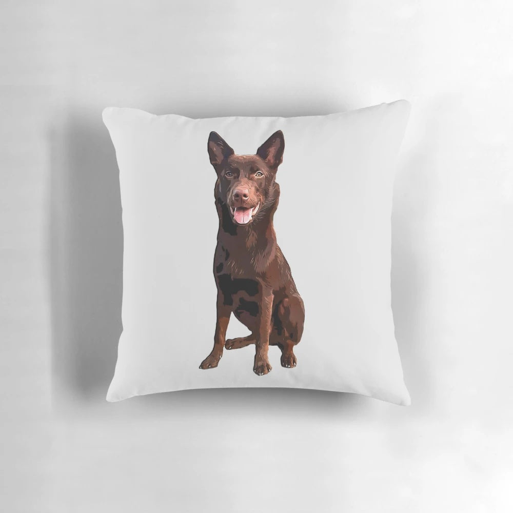 A plush, colorful pillow featuring an illustration of an Australian Kelpie dog breed.