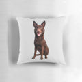 A plush, colorful pillow featuring an illustration of an Australian Kelpie dog breed.
