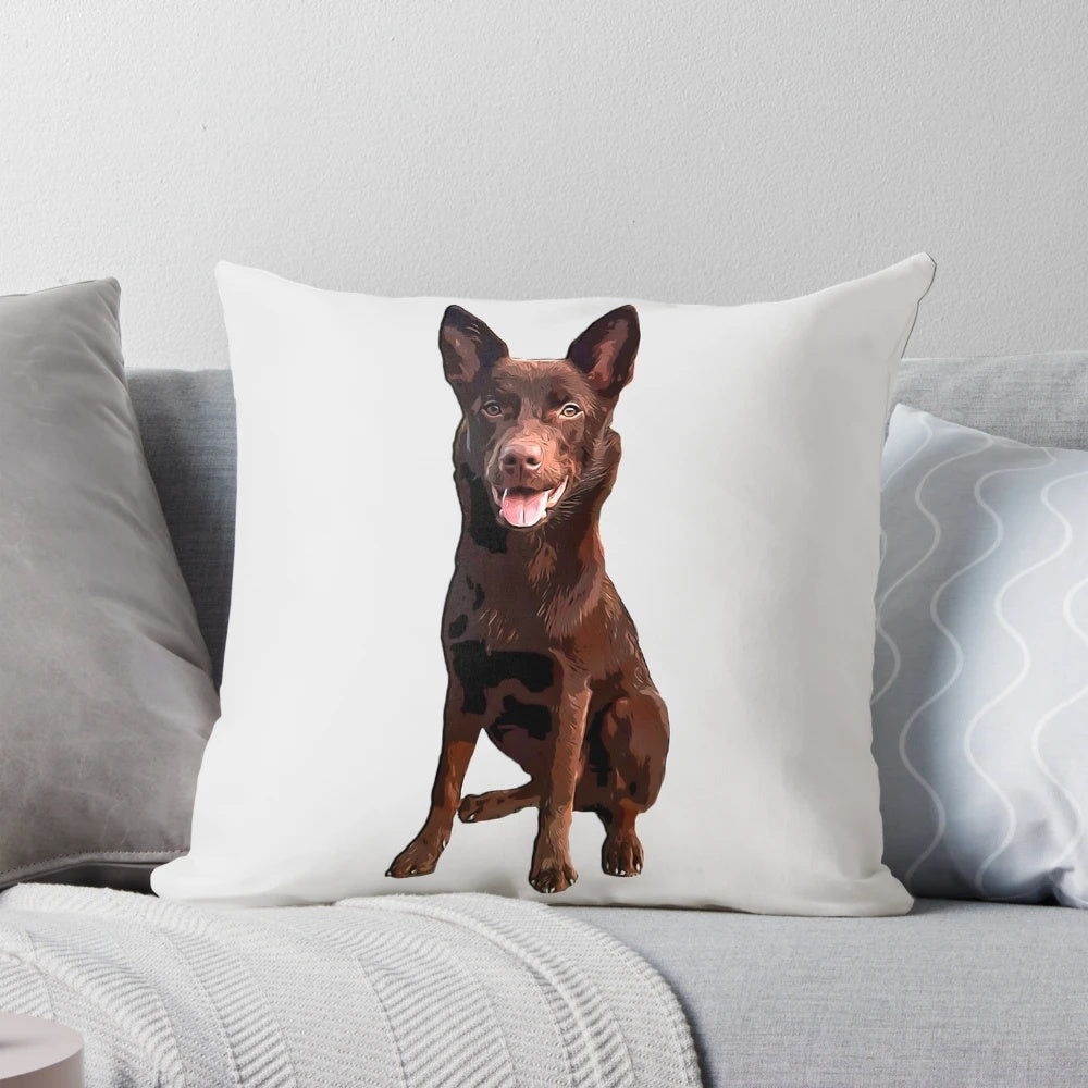 A plush, colorful pillow featuring an illustration of an Australian Kelpie dog breed.