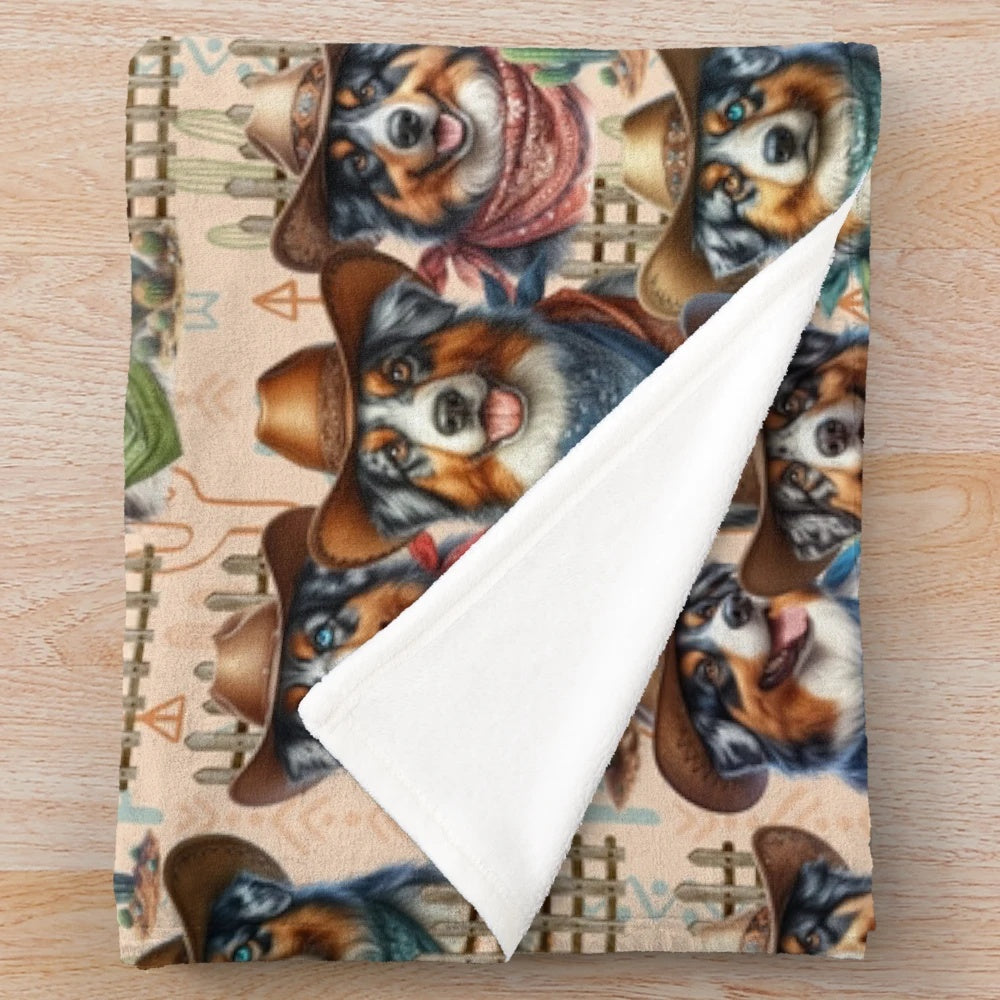 Australian Shepherd herding dog wearing cowboy hat on plush blanket