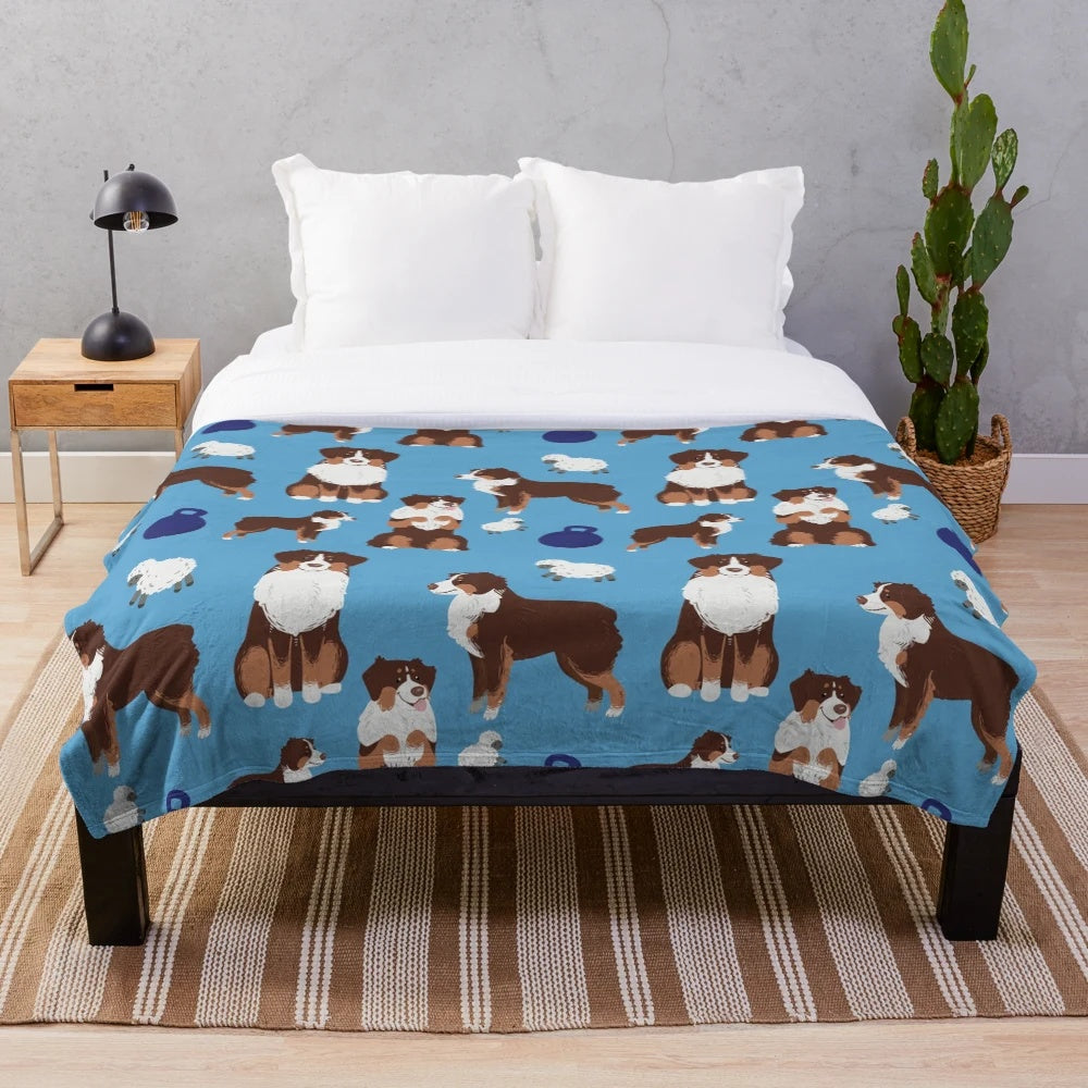 Australian Shepherd dog breed pattern on a plush blanket