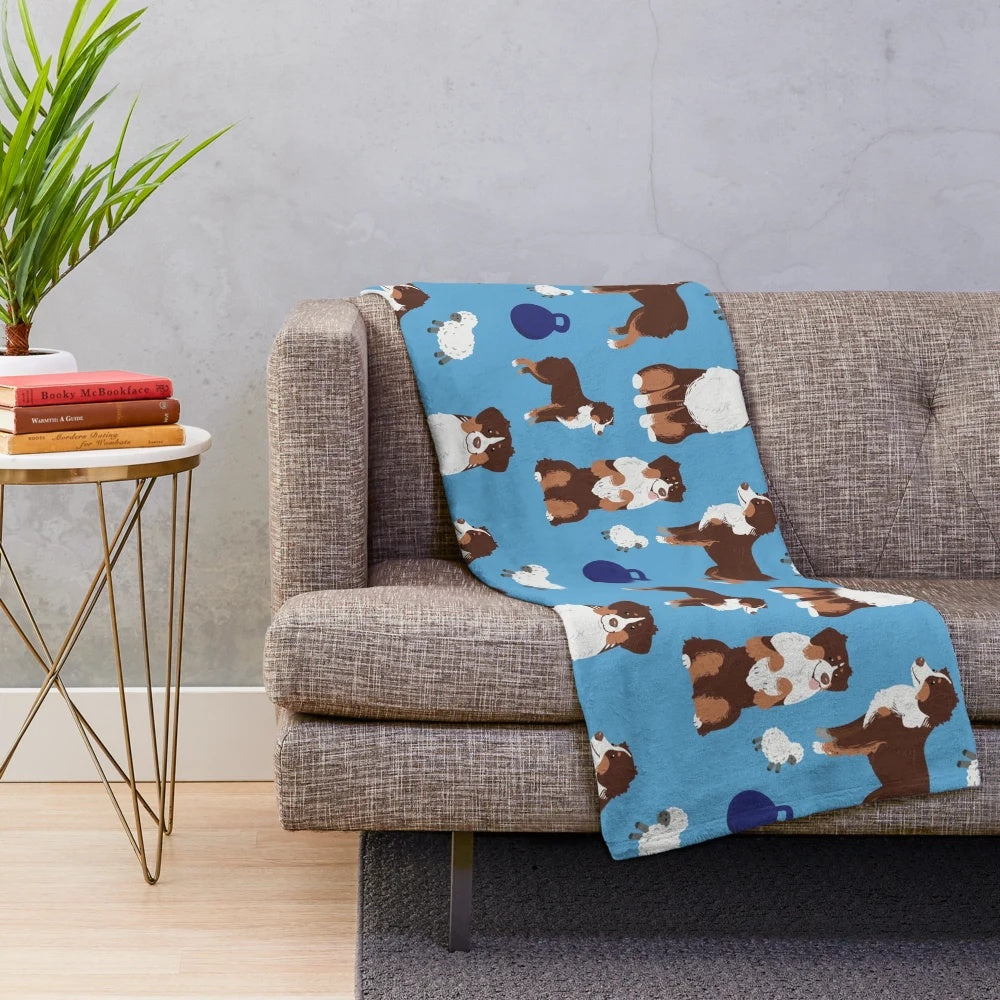 Australian Shepherd dog breed pattern on a plush blanket
