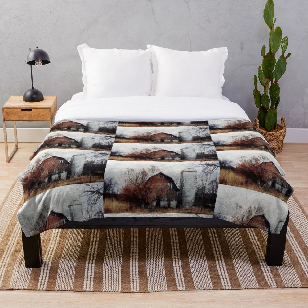 Cozy plush blanket featuring an old weathered barn and silo in an autumn landscape