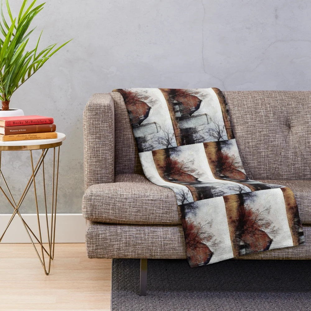 Cozy plush blanket featuring an old weathered barn and silo in an autumn landscape