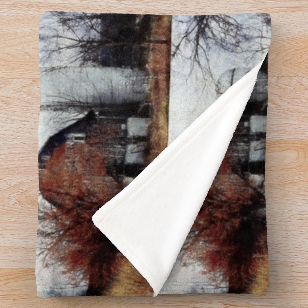 Cozy plush blanket featuring an old weathered barn and silo in an autumn landscape