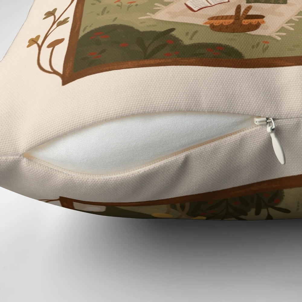 Autumn-themed throw pillow with books, pumpkins, and a cozy cottage design
