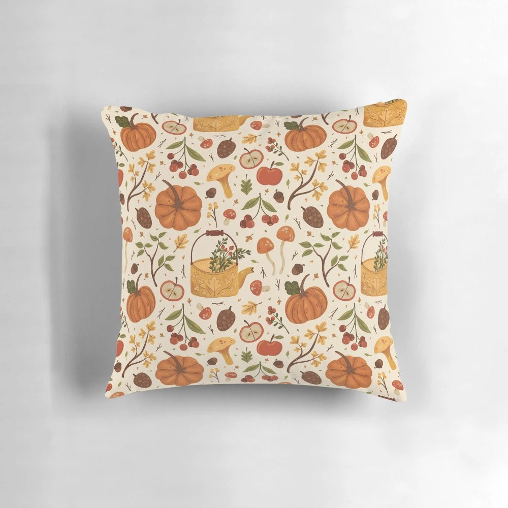 Autumn Dreaming Pillow featuring a botanical design with pumpkins, mushrooms, leaves, and apples in warm autumnal colors.