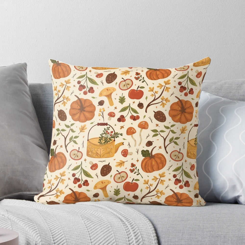 Autumn Dreaming Pillow featuring a botanical design with pumpkins, mushrooms, leaves, and apples in warm autumnal colors.
