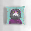 A cozy and plush pillow featuring a cute cat wearing glasses and surrounded by autumn leaves.