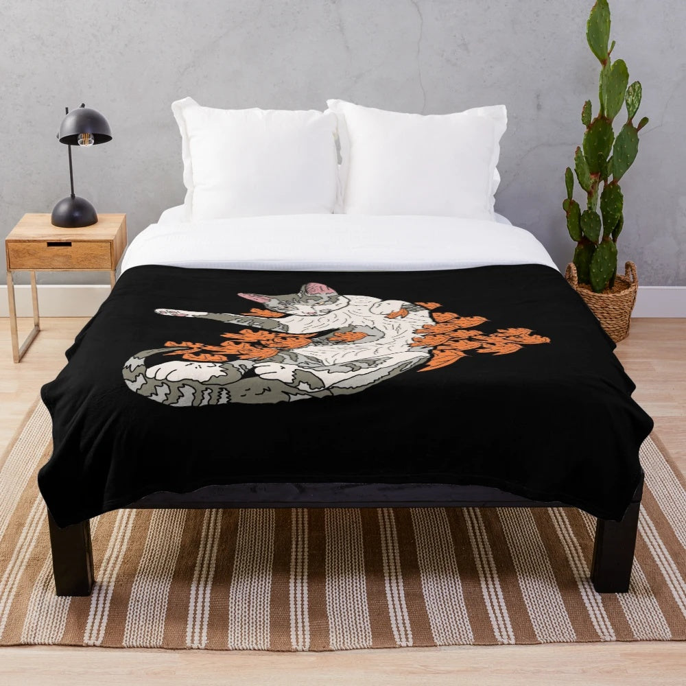 Cozy autumn cat plush blanket with sleeping cat design